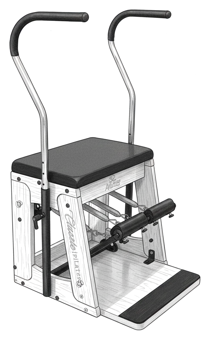 Desenho a lápis de uma Chair, um assento com pedais de mola e duas hastes de apoio