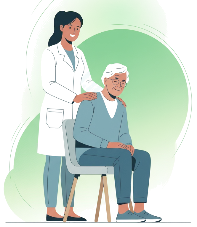 Ilustração de uma profissional de jaleco com as mãos nos ombros de um senhor sentado, sorrindo