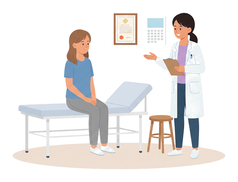 Ilustração de uma médica de jaleco conversando com uma paciente sentada na maca