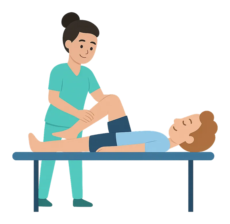 Ilustração de uma fisioterapeuta movimentando a perna de um paciente deitado na maca