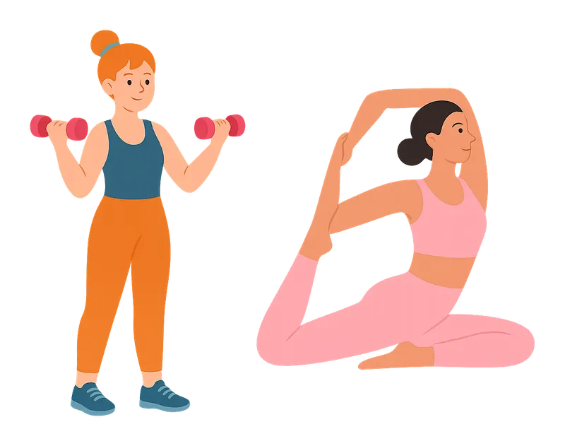 Ilustração de duas mulheres se exercitando: uma com halteres, outra em alongamento