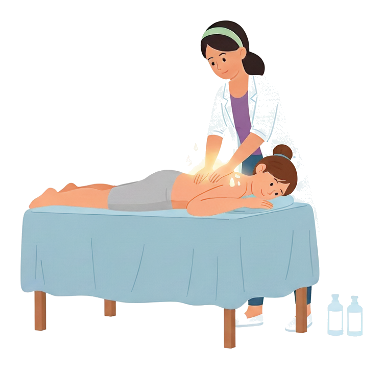Ilustração de uma massoterapeuta atendendo uma paciente deitada na maca