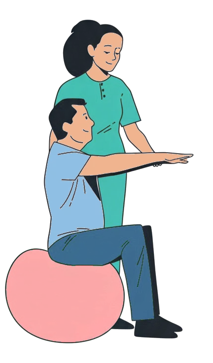 Ilustração de uma profissional apoiando um paciente sentado na bola de pilates